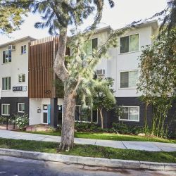 Apartments in West Hollywood; Raised garden beds next to the entrance of the Dean on De Longpre building