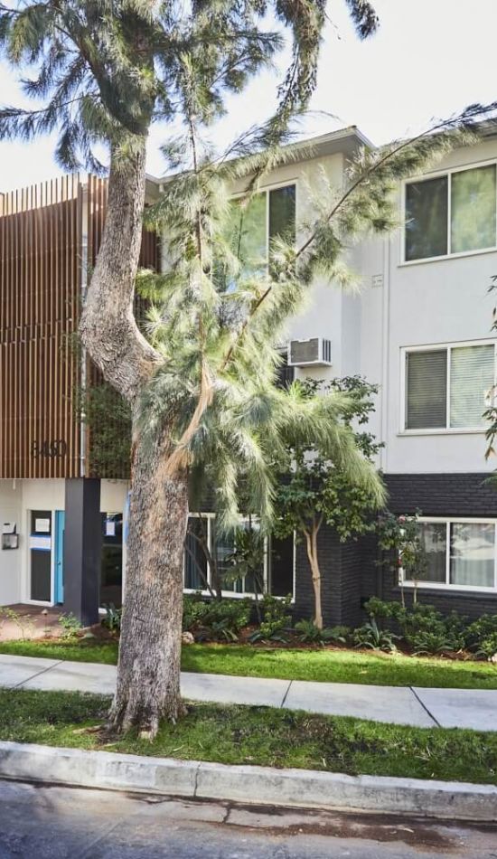 Apartments in West Hollywood; Raised garden beds next to the entrance of the Dean on De Longpre building