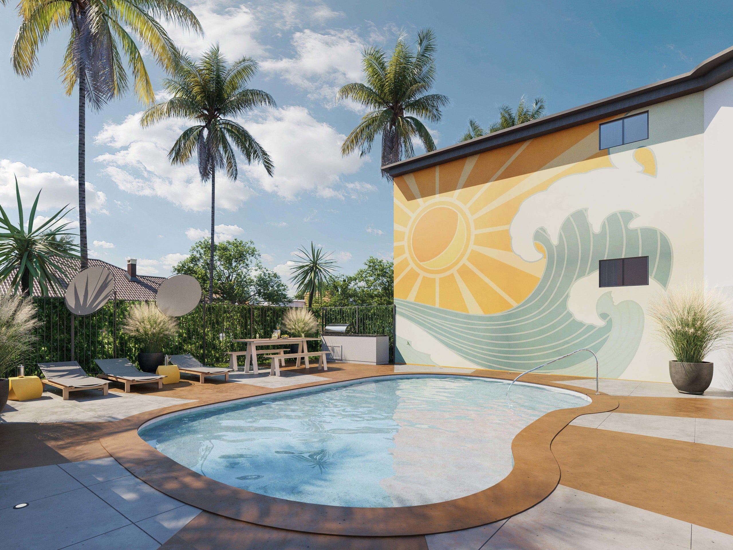 Outdoor pool next to apartment building with a mural wall art