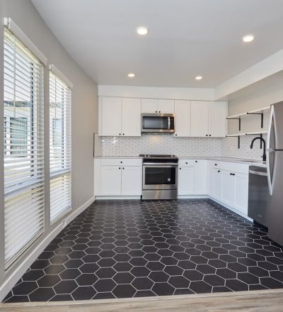 Kitchen layout at Aiden on Ash apartment building