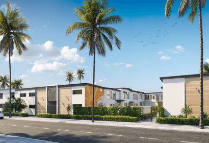 Aiden on Ash exterior on a palm tree-lined street