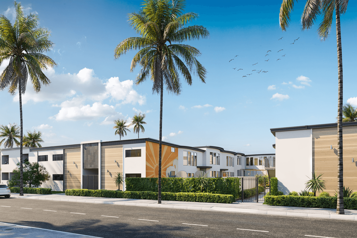 Aiden on Ash exterior on a palm tree-lined street