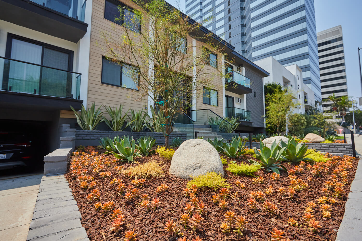 West LA Apartments; Beau on Bundy exterior overlooking a cactus garden