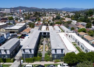 Aerial of Blu on Burns apartment building and the neighborhood