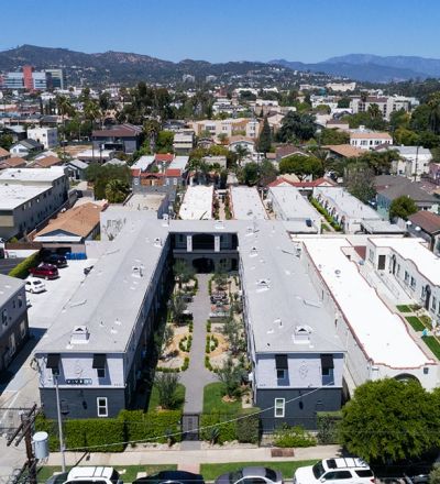 Aerial of Blu on Burns apartment building and the neighborhood