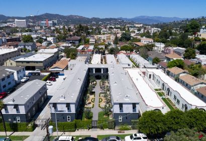 Aerial of Blu on Burns apartment building and the neighborhood