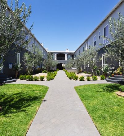Blu on Burns courtyard with lush green spaces and trees