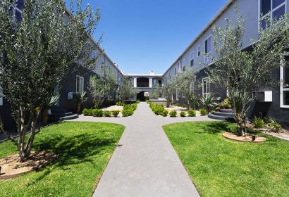 Blu on Burns courtyard with lush green spaces and trees