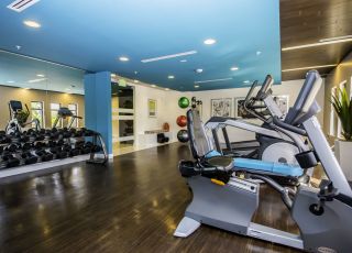 Dumbbells placed on a rack next to exercise equipments at the Park Encino apartment's gym