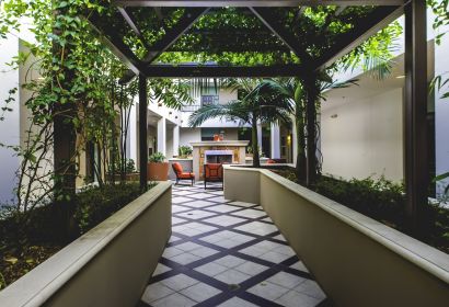 Concrete raised garden beds under a gazebo roof of plants leading to the courtyard area