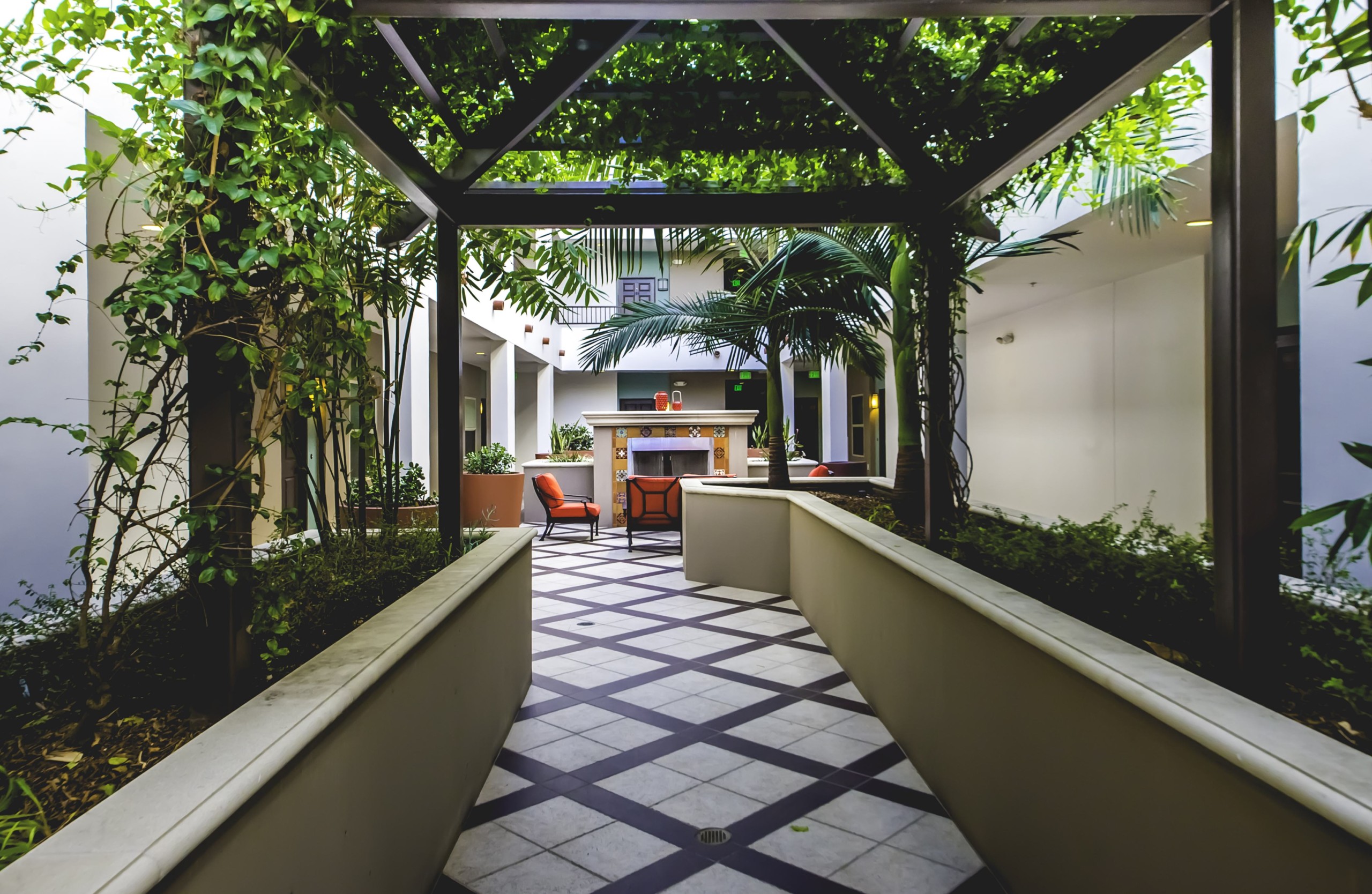 Concrete raised garden beds under a gazebo roof of plants leading to the courtyard area