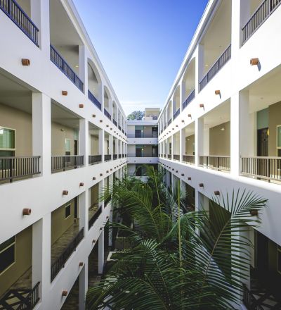 Balcony pathways in the building next to the courtyard in the center