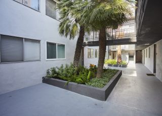Raised garden bed in the courtyard area next to building with a pathway balcony connecting to the other side