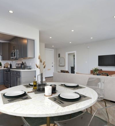 Clover on Carlton living room connected to the dining area and the kitchen