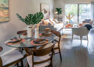 Dining area overlooking the living space at the Violet on Virgil