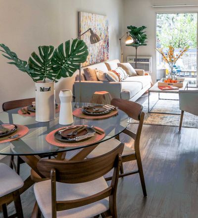 Dining area overlooking the living space at the Violet on Virgil