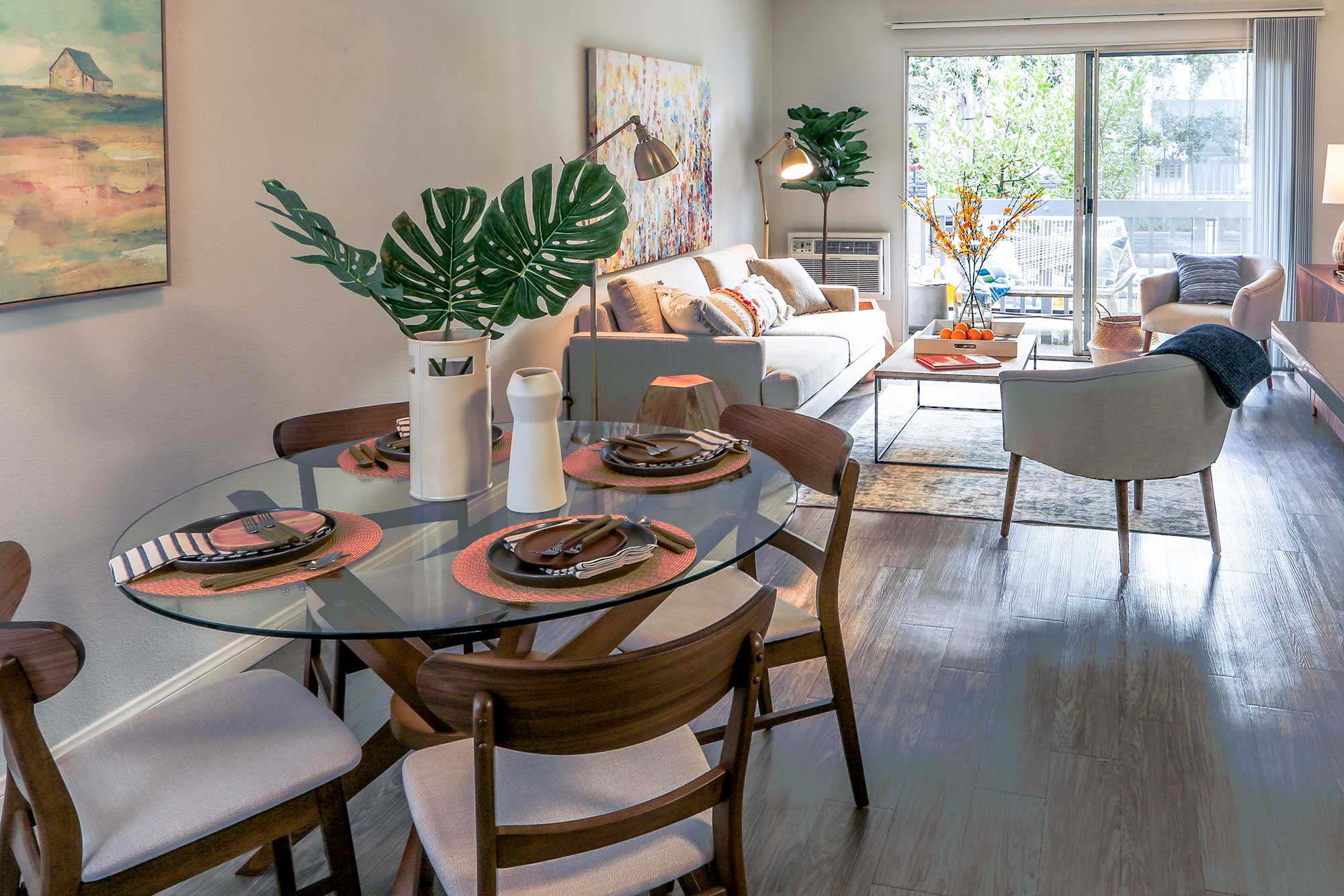 Dining area overlooking the living space at the Violet on Virgil