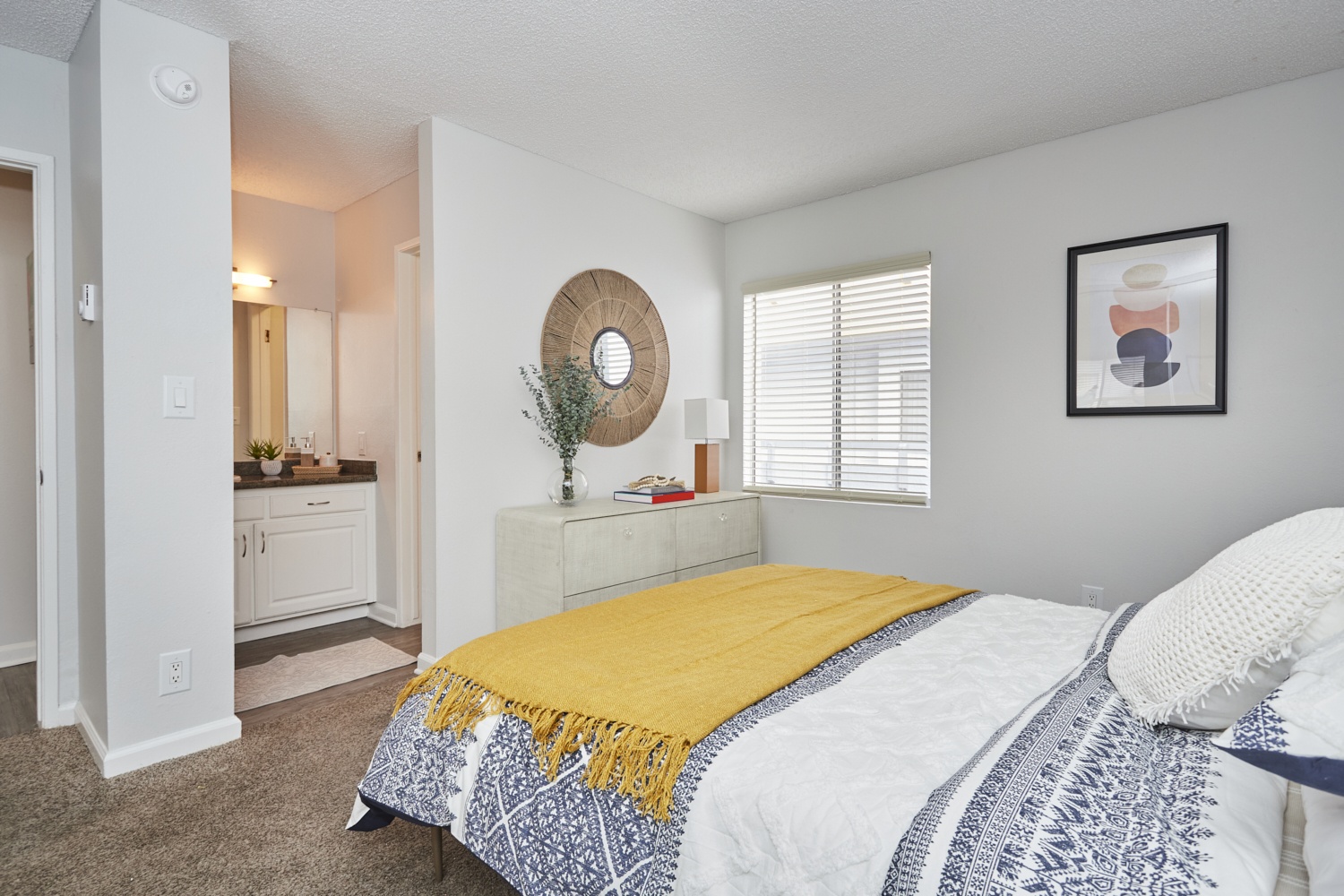 Violet on Virgil Apartments bedroom overlooking the powder room next to the bathroom