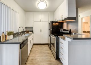 ViveLA Violet on Virgil ;Wide kitchen countertop parallel to the kitchen cabinet and appliances