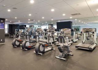 Gym with exercise equipments at Violet on Virgil Apartments building