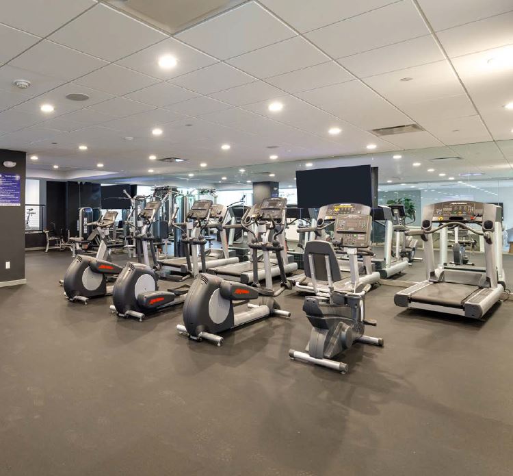 Gym with exercise equipments at Violet on Virgil Apartments building