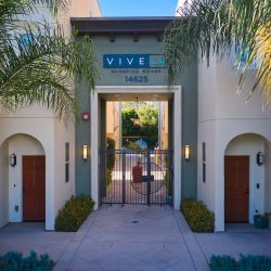 Exterior to the Magnolia Woods townhouses with tall palm trees in the front