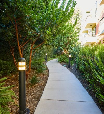 Stone pathway between the greenery leading to back of the apartment building