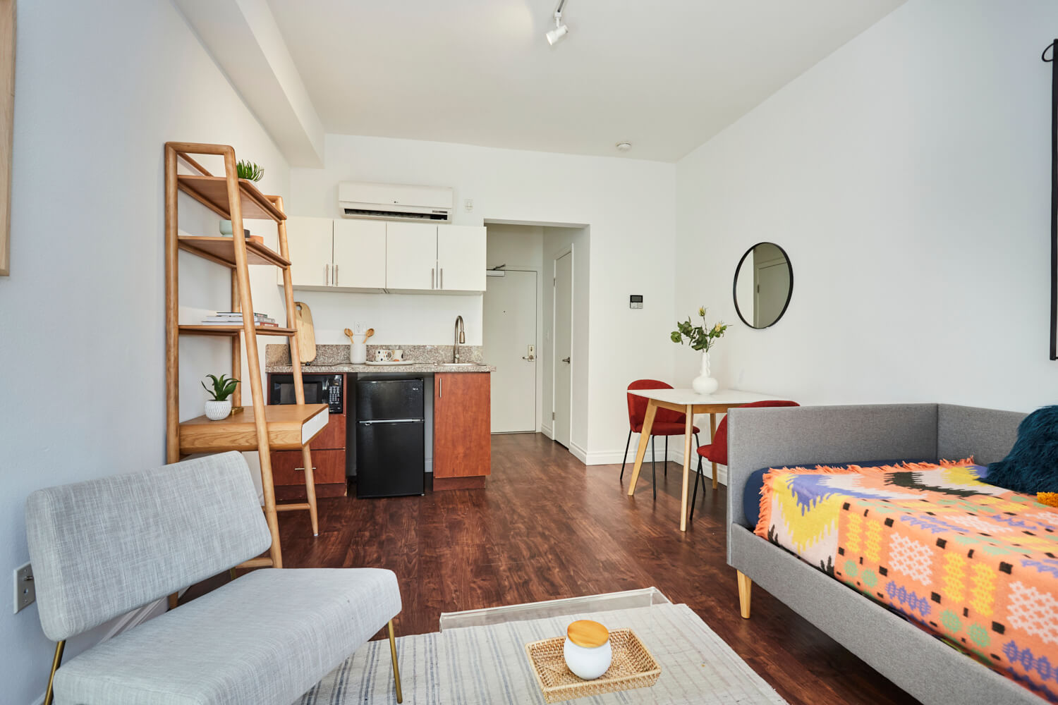 Living room area overlooking the kitchenette at The Gershwin Apartments; Luxury Hollywood Rentals; boutique community apartments in Hollywood