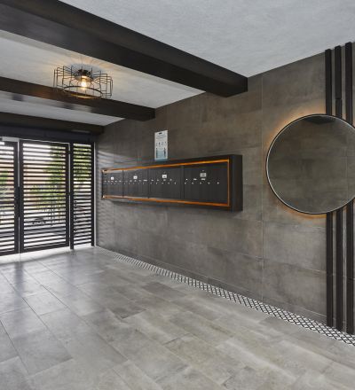 Chloe on Curson lobby area with apartment mailboxes on the side