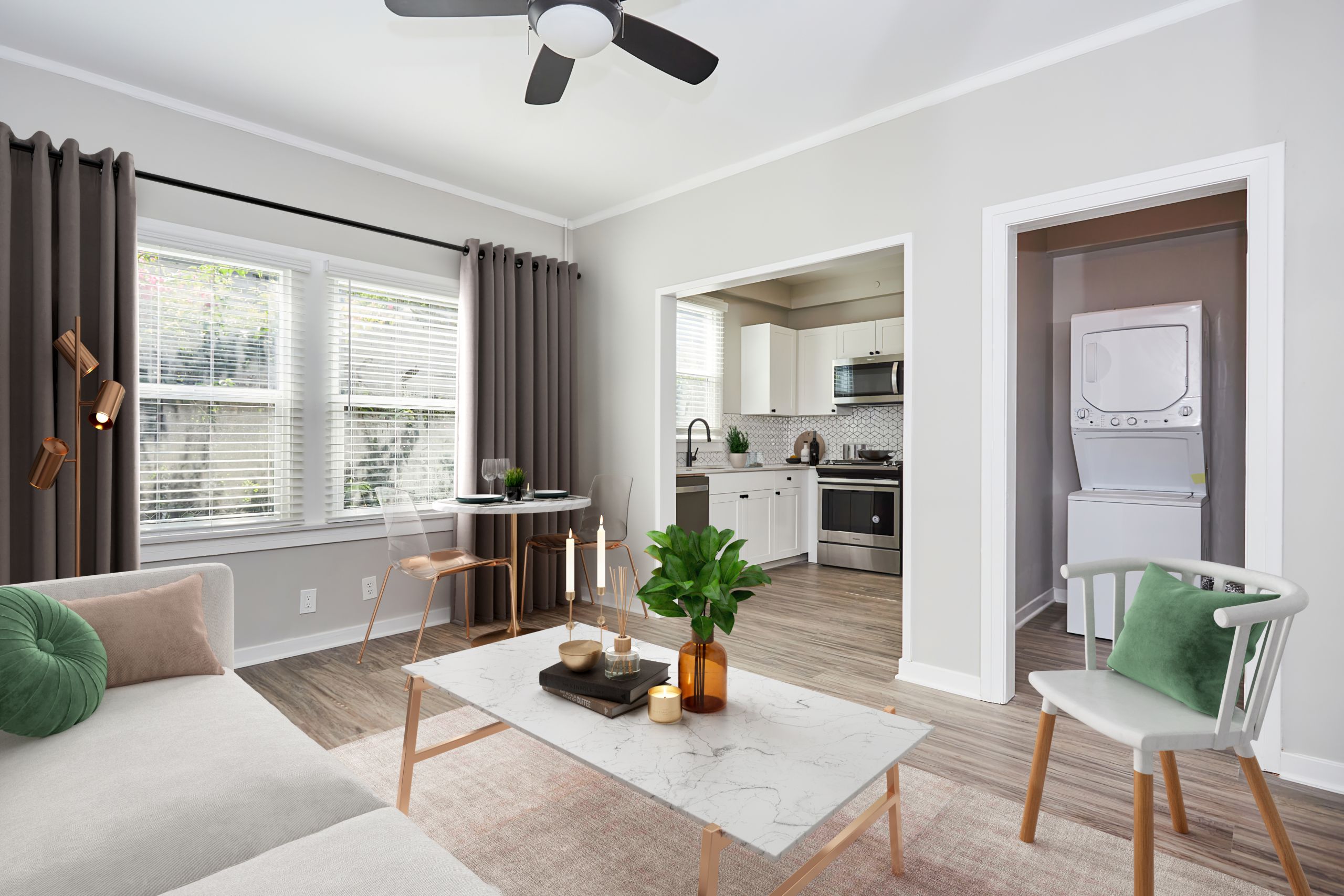 Living area next to the laundry room and kitchen; Luxury Hollywood Rentals; boutique community apartments in Hollywood