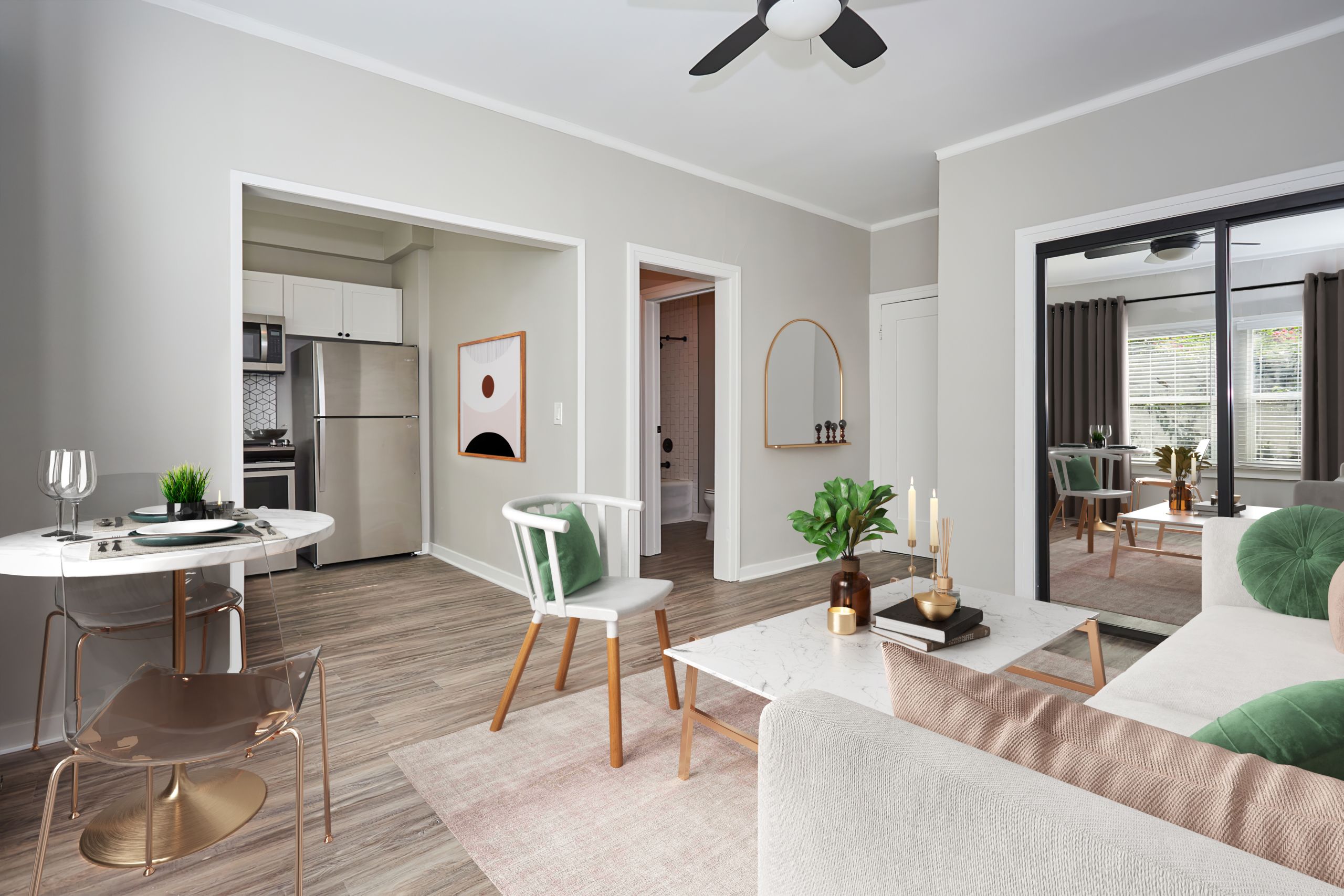 Living room next to the dining and kitchen space at The Gershwin Garfield; Luxury Hollywood Rentals; boutique community apartments in Hollywood