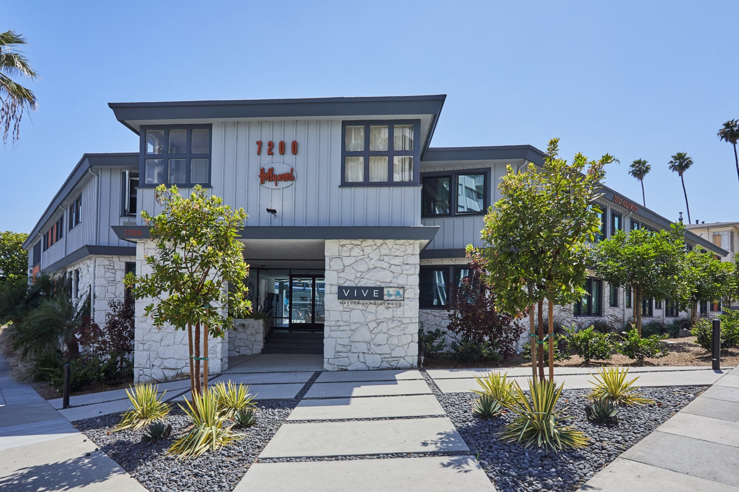 Exterior view of Hayden on Hollywood Boulevard; rental LA apartments
