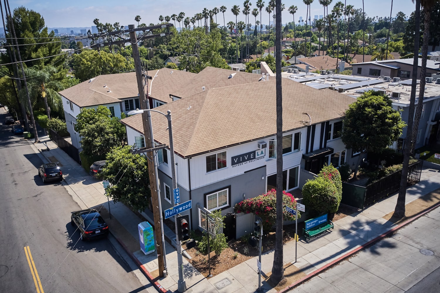 Aerial of Hayden Apartments on Hollywood Boulevard