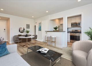 Rental LA apartment living room, furnished; Hayden on Hollywood Boulevard living room;