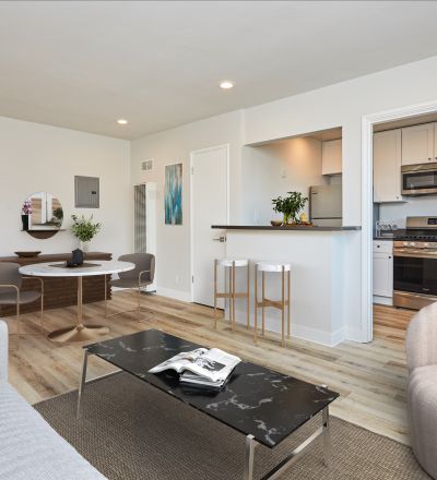 Rental LA apartment living room, furnished; Hayden on Hollywood Boulevard living room;