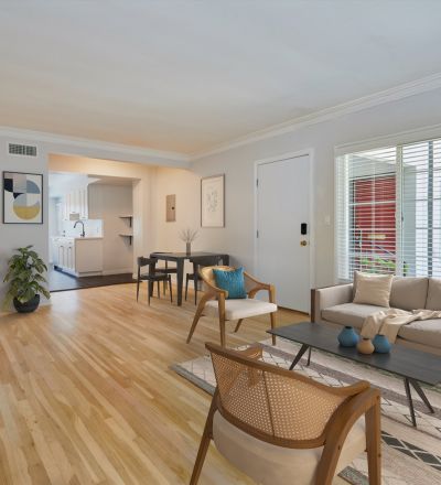 Rental LA apartment living room and kitchen, furnished; Hayden on Hollywood Boulevard