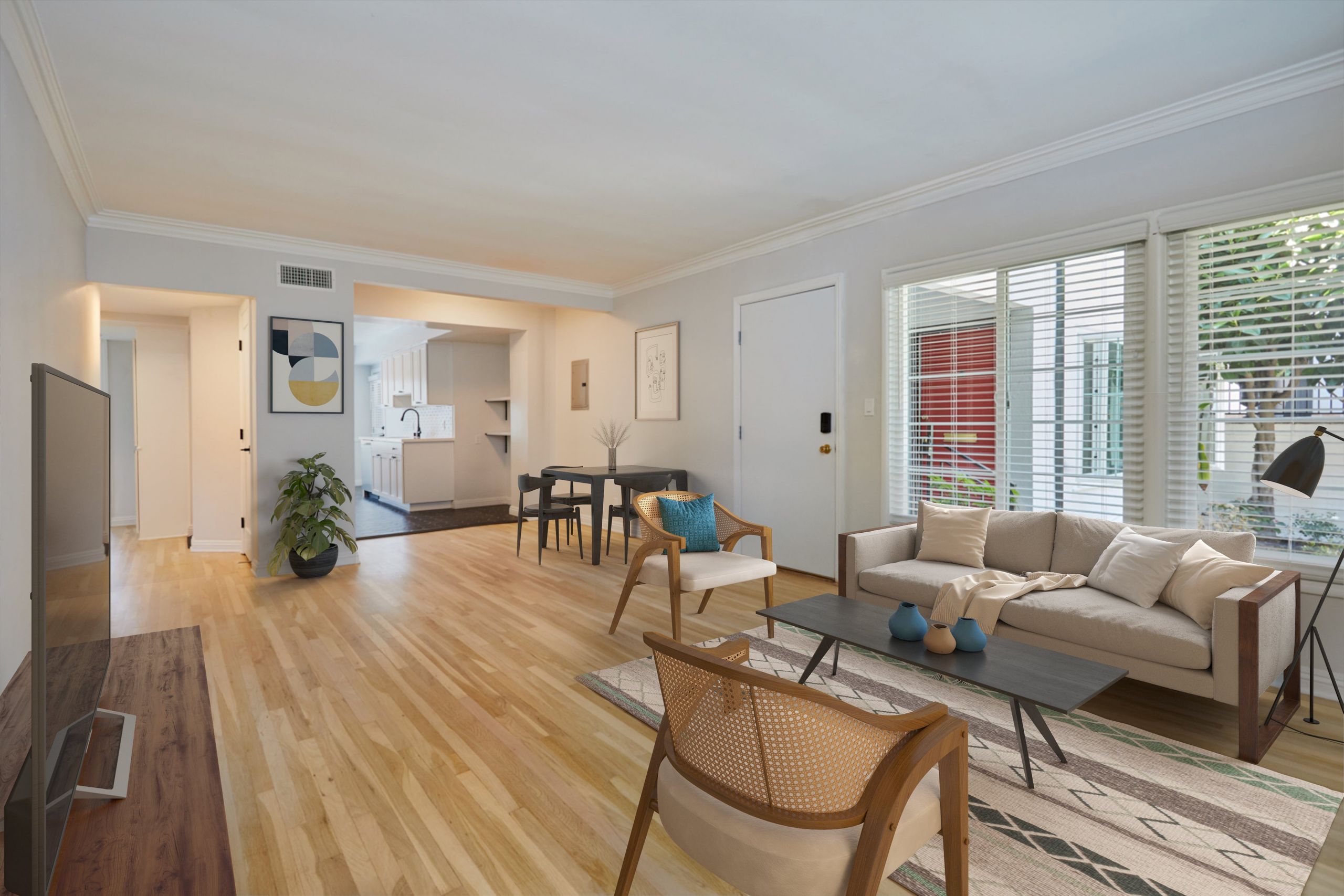 Rental LA apartment living room and kitchen, furnished; Hayden on Hollywood Boulevard