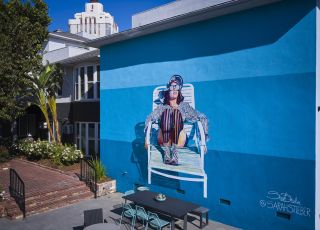 Sitting area with art on wall