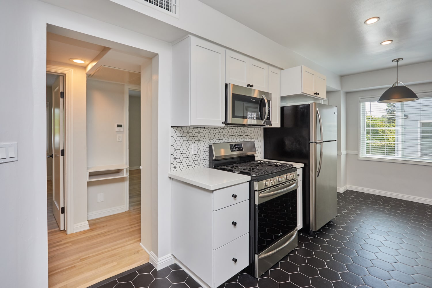 Rental LA apartment side kitchen, furnished; Hayden on Hollywood Boulevard