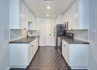 Rental LA apartment kitchen view, furnished; Hayden on Hollywood Boulevard