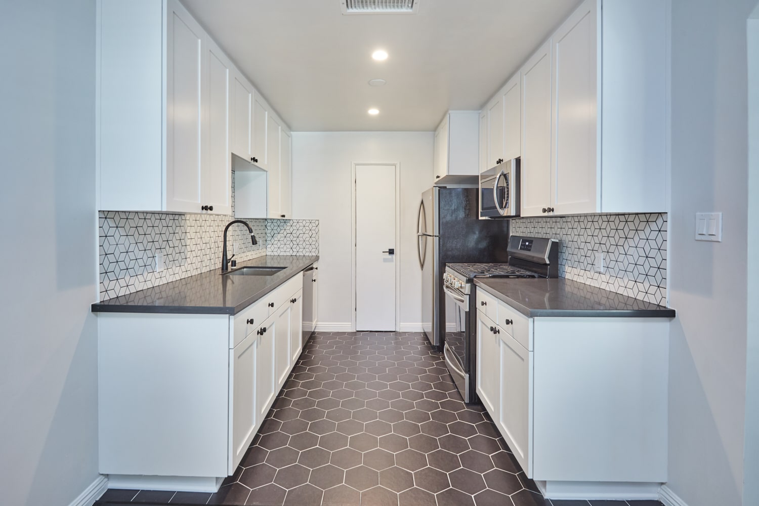 Rental LA apartment kitchen view, furnished; Hayden on Hollywood Boulevard