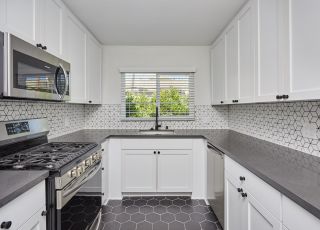 Rental LA apartment kitchen view, furnished with window; Hayden on Hollywood Boulevard