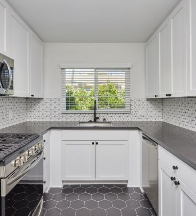 Rental LA apartment kitchen view, furnished with window; Hayden on Hollywood Boulevard