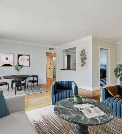 Rental LA apartment living room view, furnished; Hayden on Hollywood Boulevard