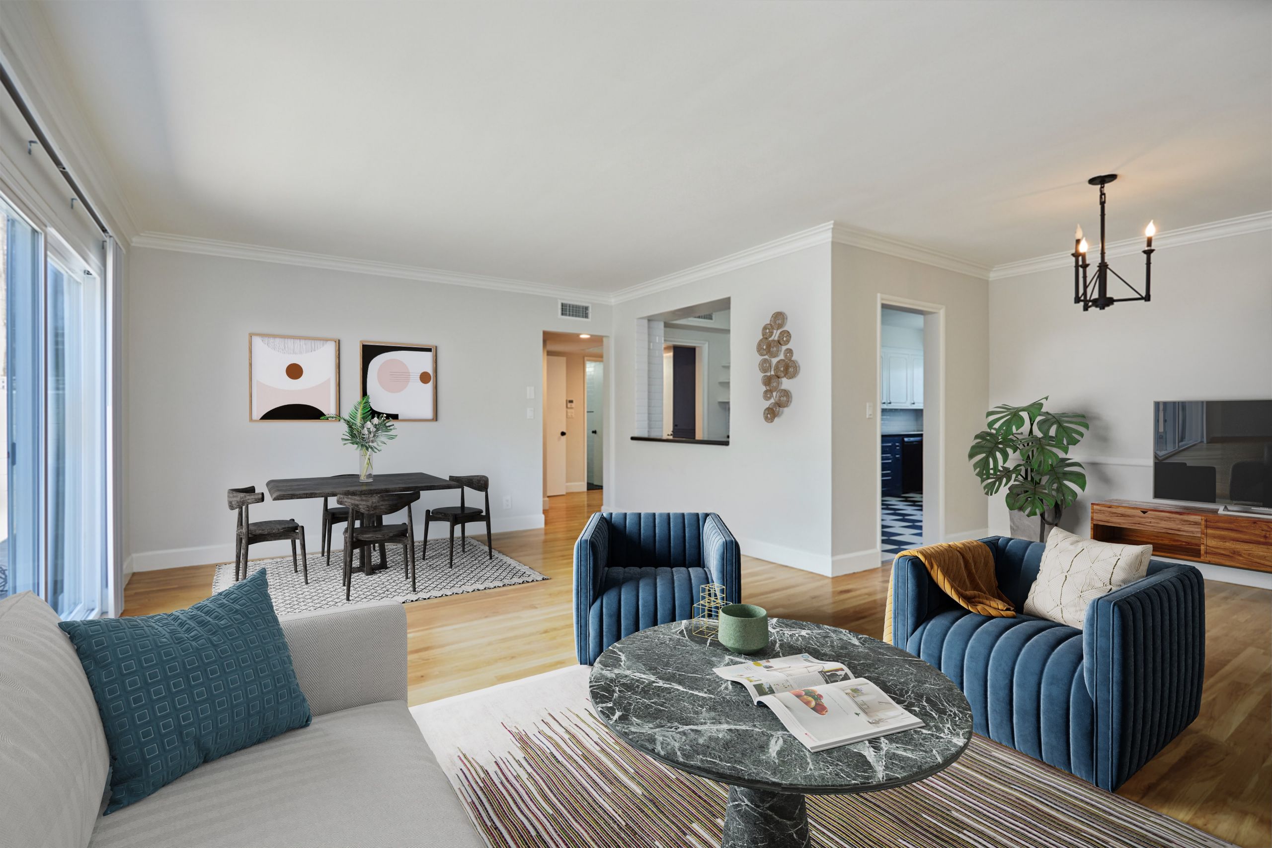 Rental LA apartment living room view, furnished; Hayden on Hollywood Boulevard