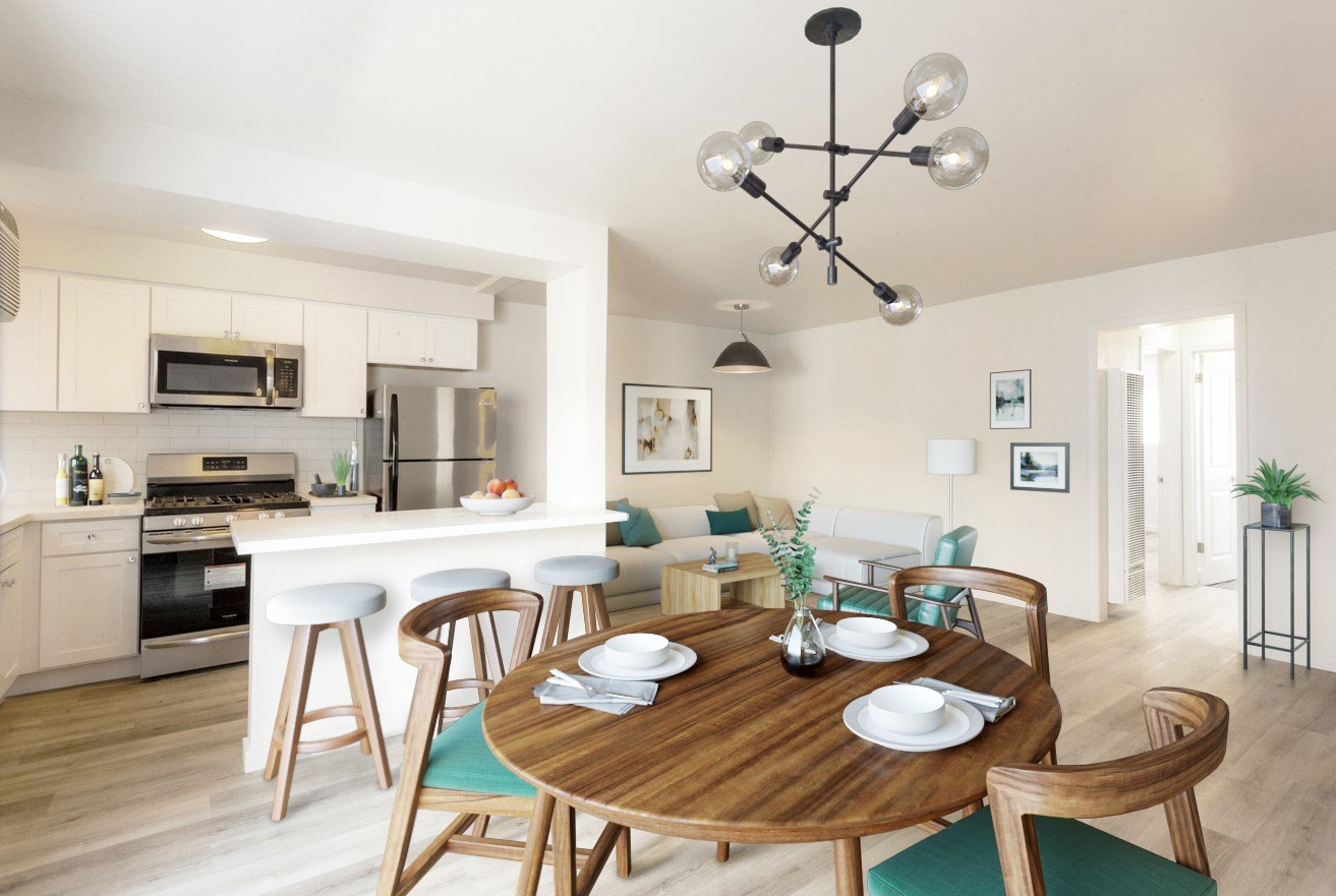 View of living room, dining room, and kitchen