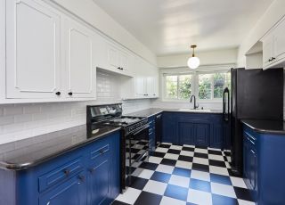 Rental LA apartment blue kitchen, furnished; Hayden on Hollywood Boulevard