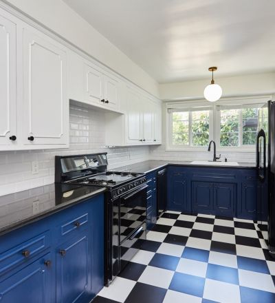 Rental LA apartment blue kitchen, furnished; Hayden on Hollywood Boulevard