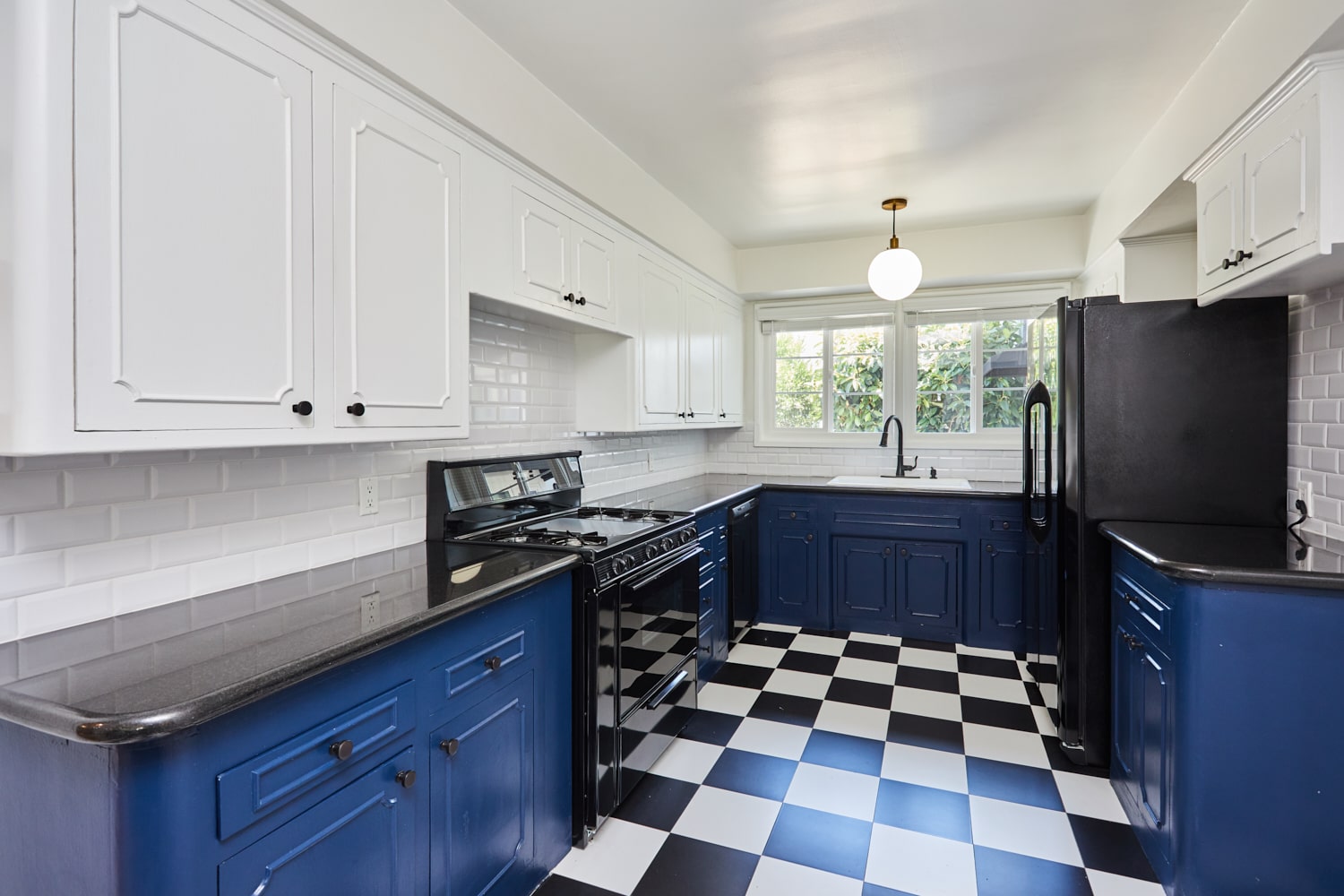 Rental LA apartment blue kitchen, furnished; Hayden on Hollywood Boulevard