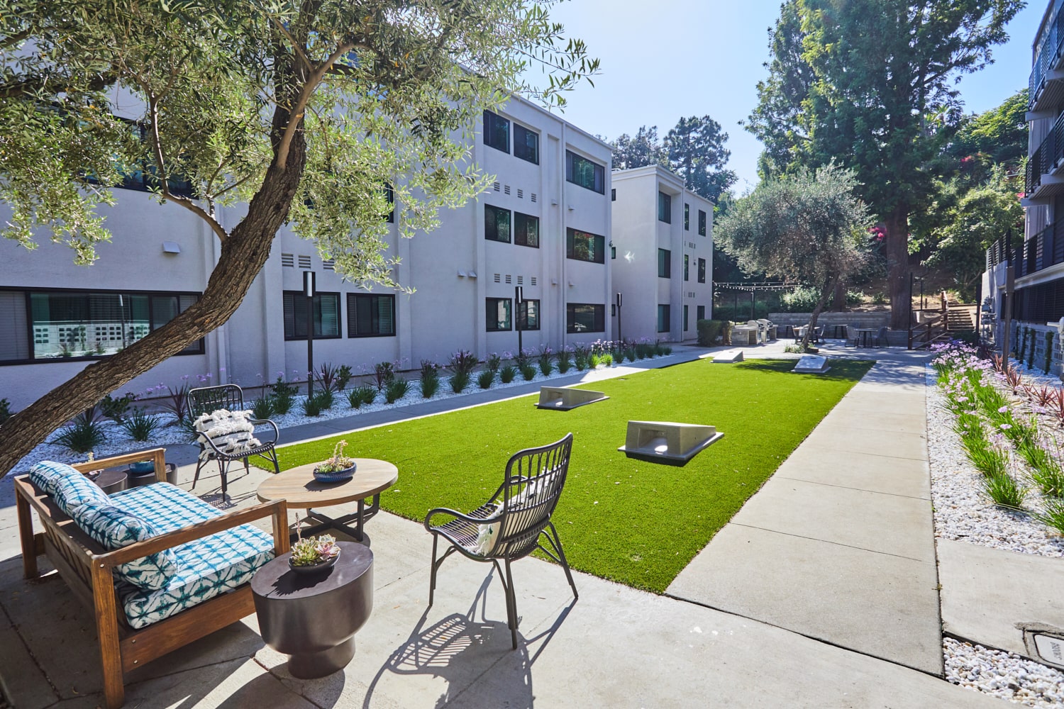 Seating area in backyard; Milo on Morton building exterior